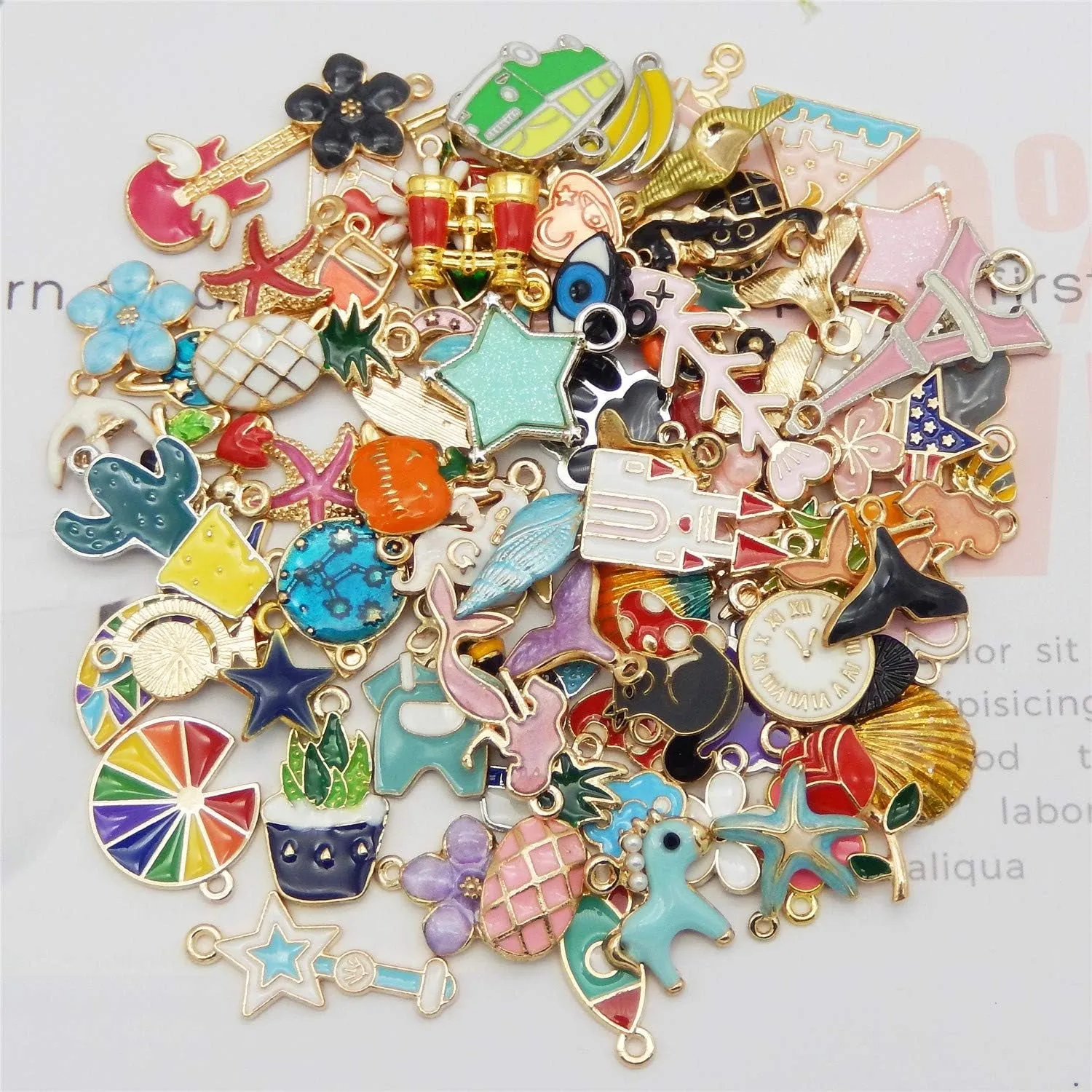 100Pcs(50Pairs) Assorted Fruits Mermaid Animals Gold Plated Enamel Pendants Necklace Bracelet Charms for Earrings Jewelry Making