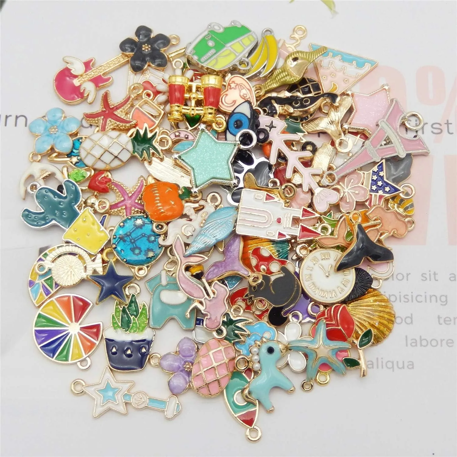 100Pcs(50Pairs) Assorted Fruits Mermaid Animals Gold Plated Enamel Pendants Necklace Bracelet Charms for Earrings Jewelry Making