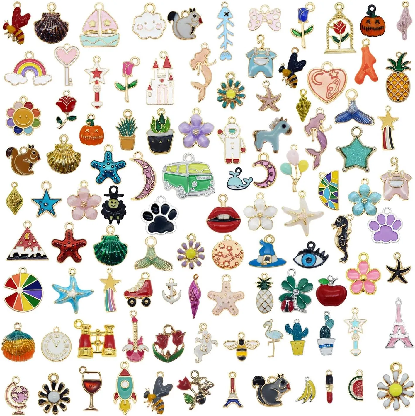 100Pcs(50Pairs) Assorted Fruits Mermaid Animals Gold Plated Enamel Pendants Necklace Bracelet Charms for Earrings Jewelry Making