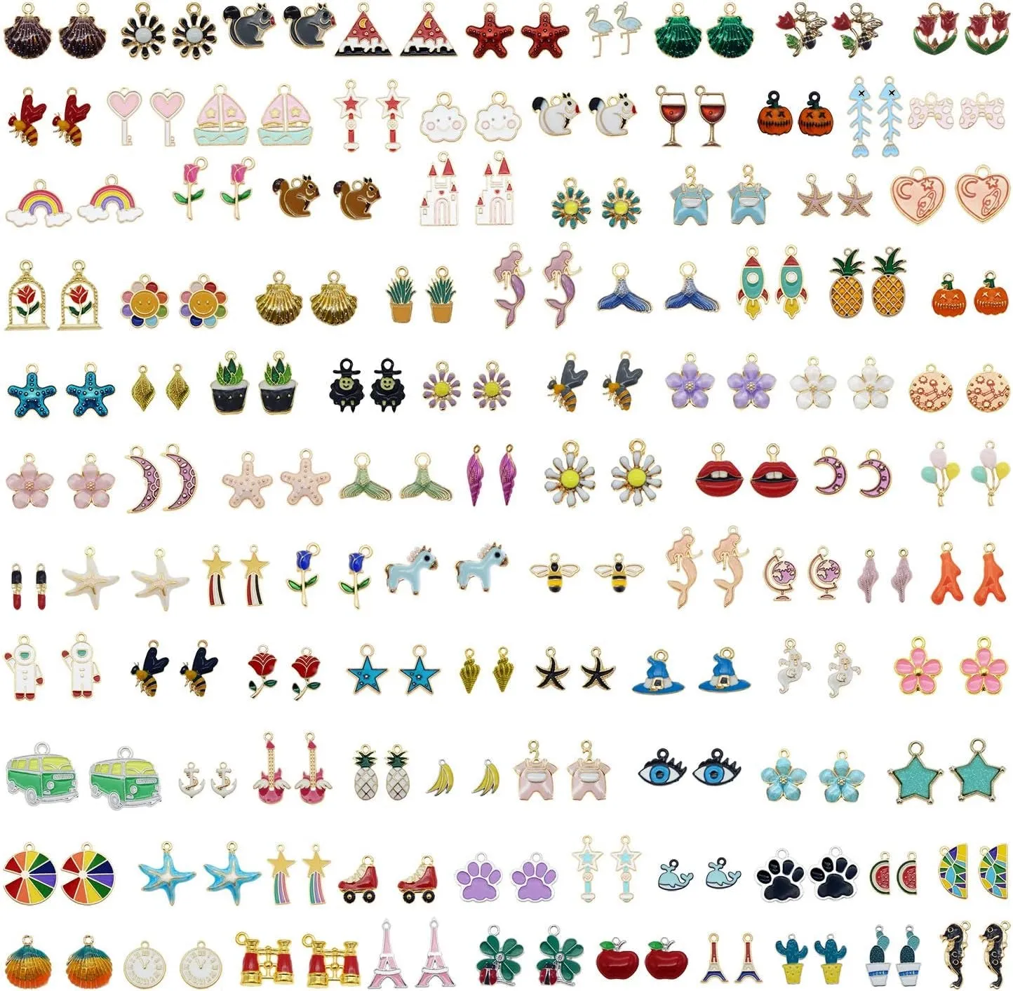 100Pcs(50Pairs) Assorted Fruits Mermaid Animals Gold Plated Enamel Pendants Necklace Bracelet Charms for Earrings Jewelry Making