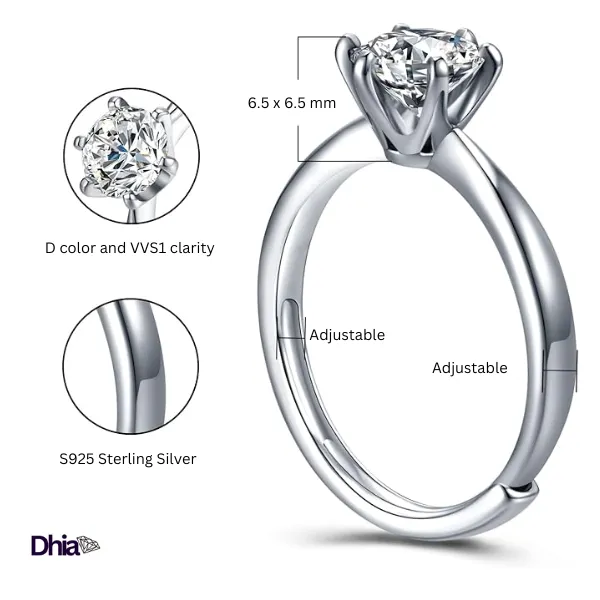 1.0ct S925 Moissanite Solitaire Adjustable Ring