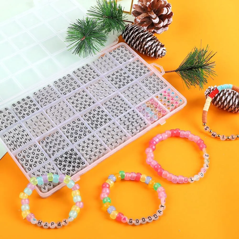 1400Pcs Glow Letter Beads 4X7Mm Acrylic Glow in the Dark 28 Grids round Letter Beads UV Luminous Alphabet Beads with Heart Beads for Bracelets Making DIY Crafts for Girls Adults