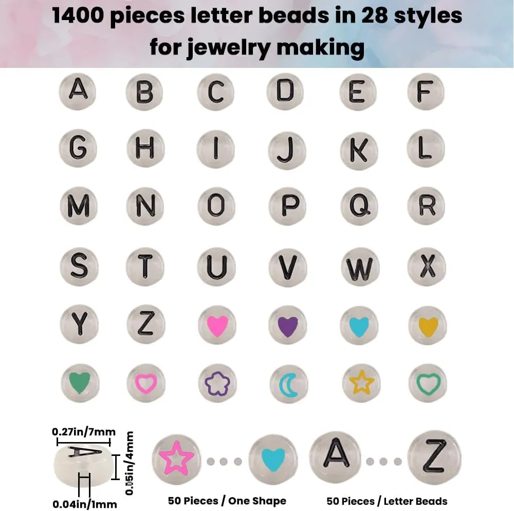 1400Pcs Glow Letter Beads 4X7Mm Acrylic Glow in the Dark 28 Grids round Letter Beads UV Luminous Alphabet Beads with Heart Beads for Bracelets Making DIY Crafts for Girls Adults