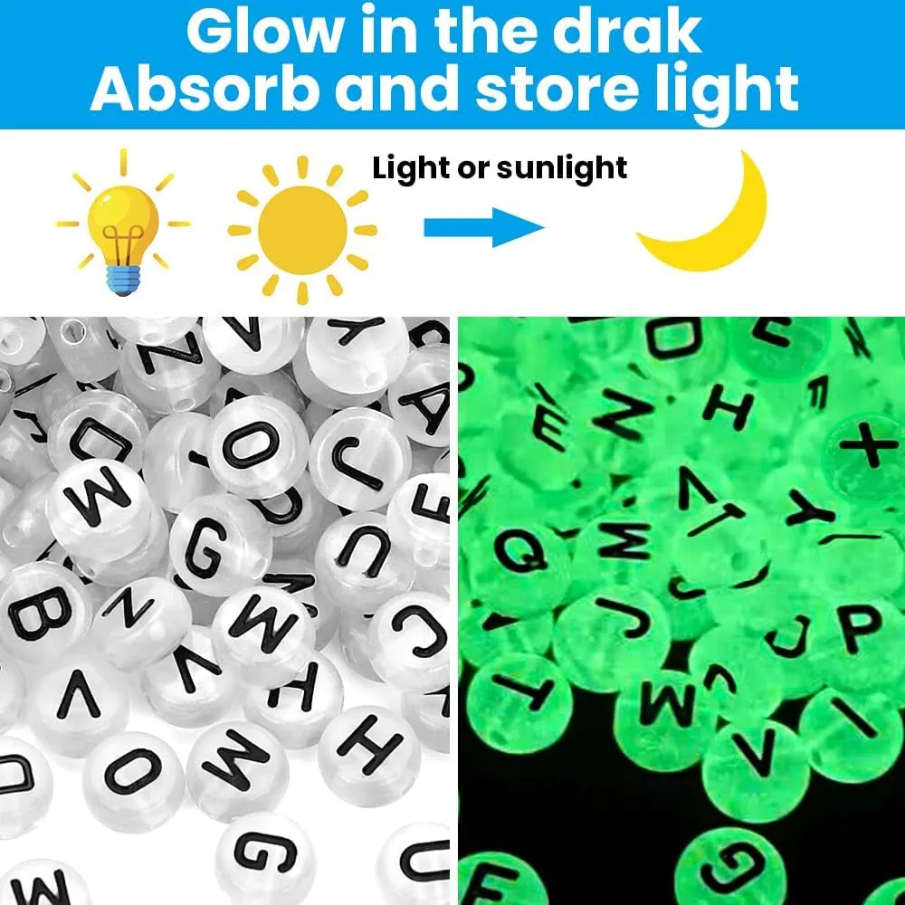 1400Pcs Glow Letter Beads 4X7Mm Acrylic Glow in the Dark 28 Grids round Letter Beads UV Luminous Alphabet Beads with Heart Beads for Bracelets Making DIY Crafts for Girls Adults