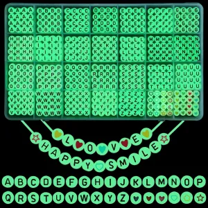 1400Pcs Glow Letter Beads 4X7Mm Acrylic Glow in the Dark 28 Grids round Letter Beads UV Luminous Alphabet Beads with Heart Beads for Bracelets Making DIY Crafts for Girls Adults