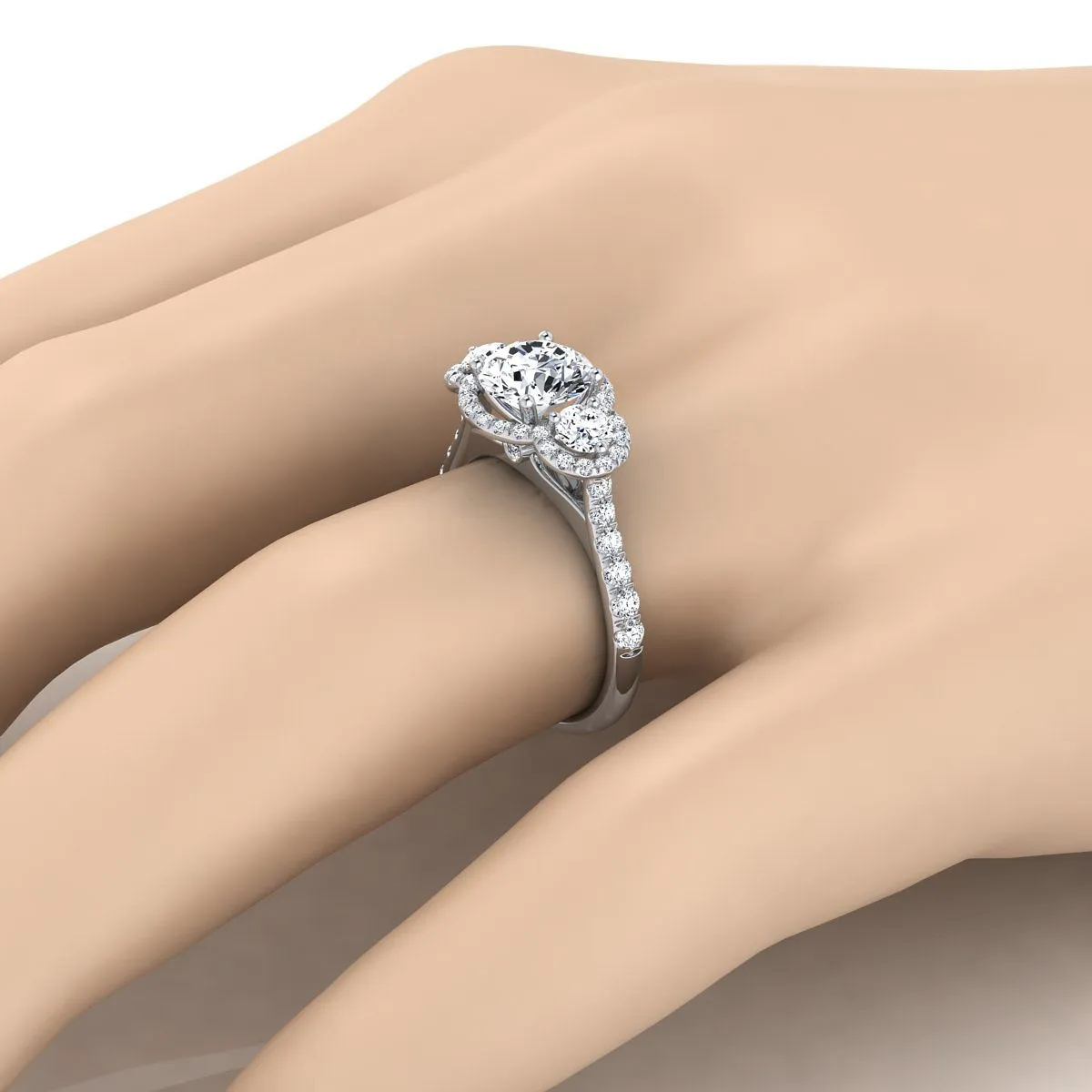 14K White Gold Round Brilliant Diamond Timeless Three Stone Halo with French Engagement Ring -3/4ctw