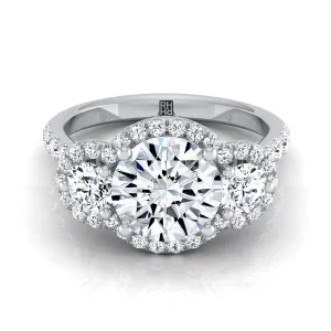 14K White Gold Round Brilliant Diamond Timeless Three Stone Halo with French Engagement Ring -3/4ctw