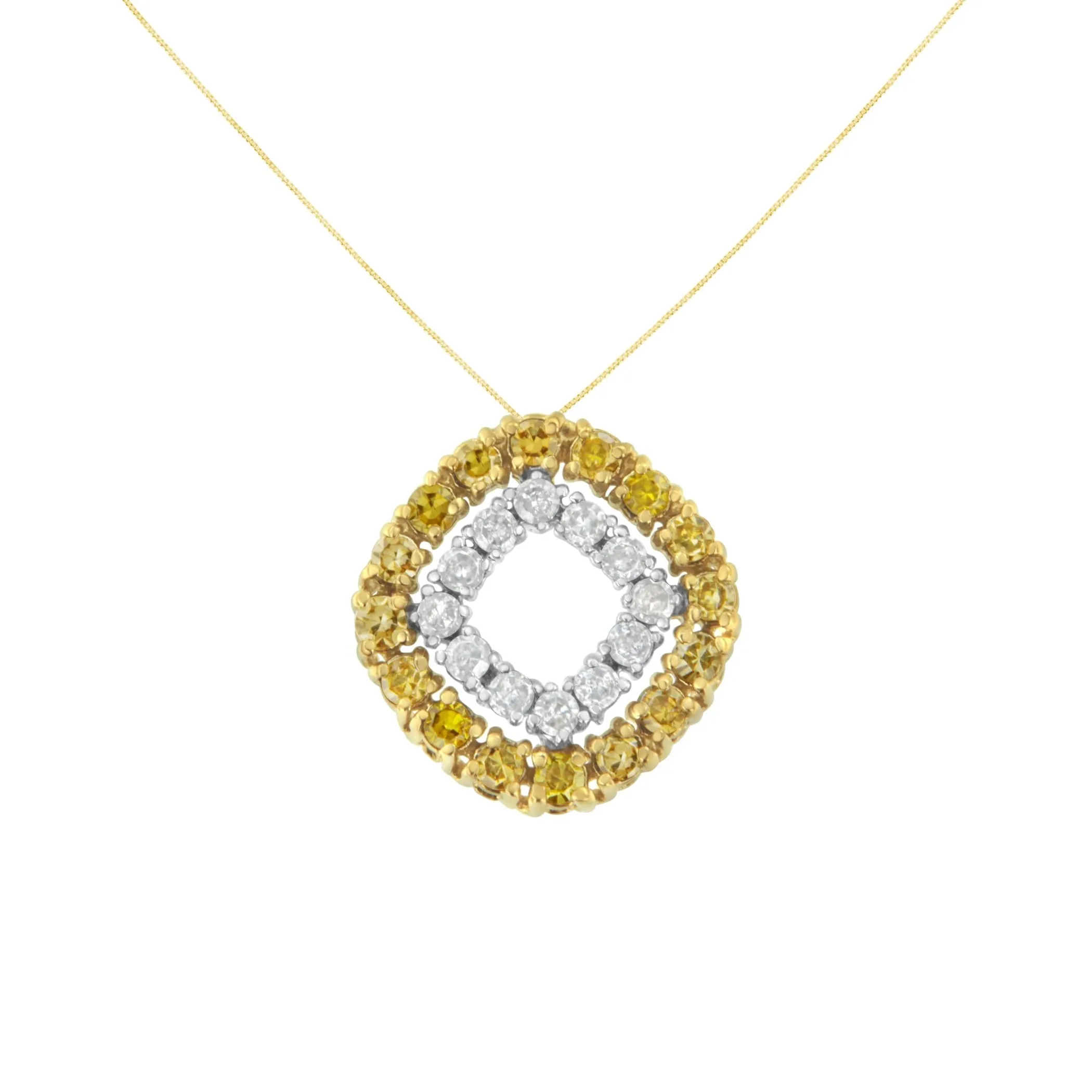14K Yellow Gold .925 Plated Sterling Silver 1/2 Cttw Treated Yellow Diamond Double Cushion Shaped 18" Pendant Necklace (Yellow Color, I2-I3 Clarity)