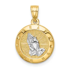 14K Yellow Gold White Polished Finish Solid Pray For Us Hand Pendant