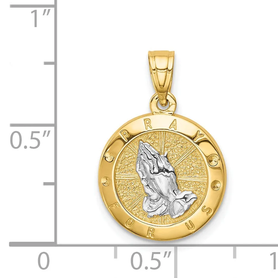14K Yellow Gold White Polished Finish Solid Pray For Us Hand Pendant