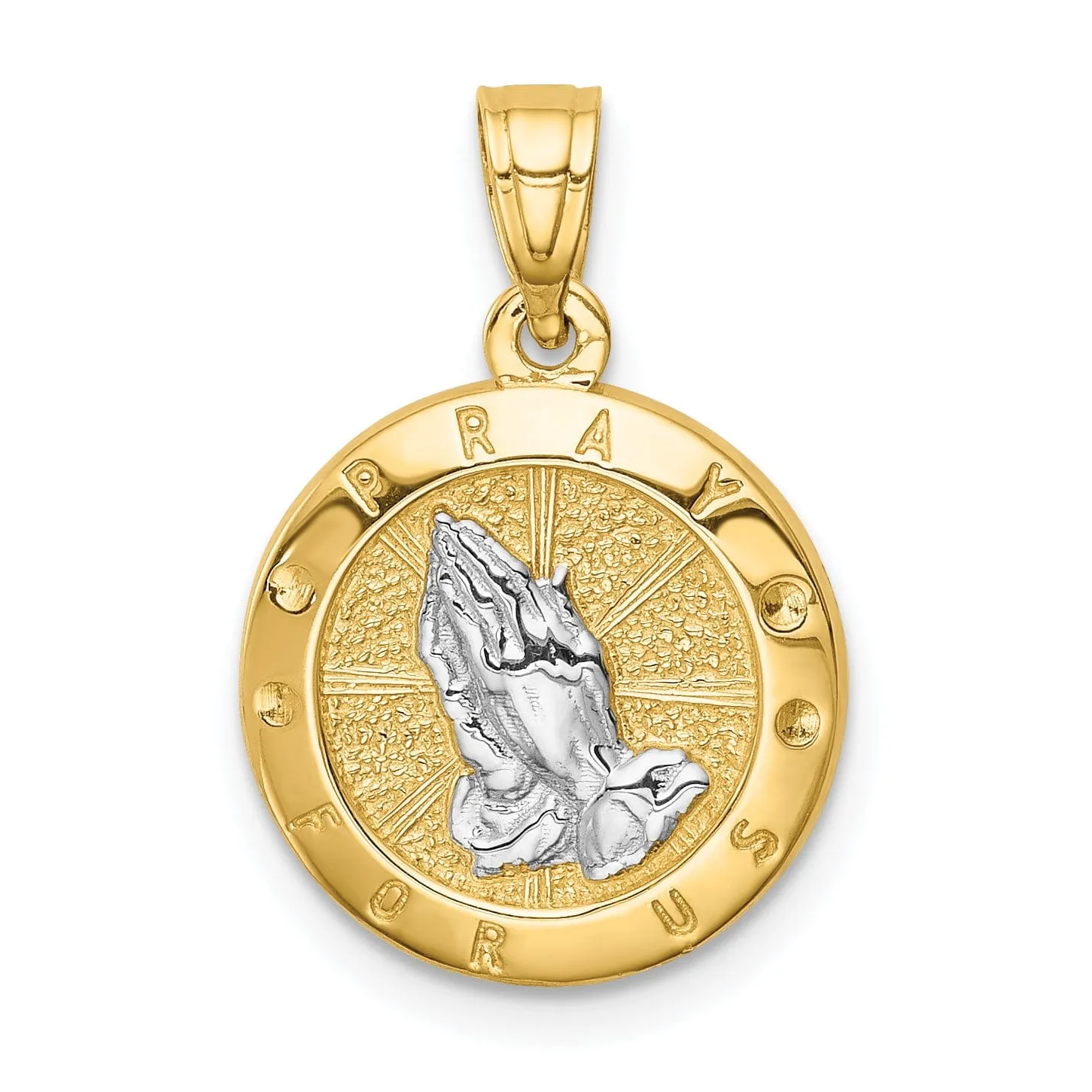 14K Yellow Gold White Polished Finish Solid Pray For Us Hand Pendant