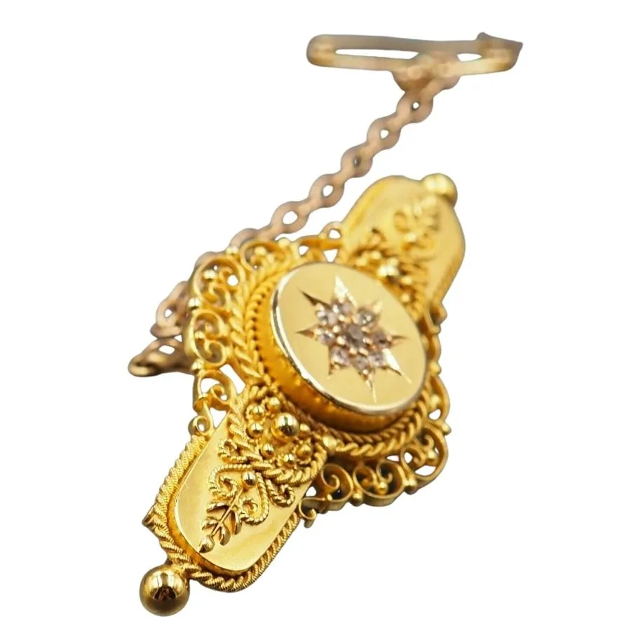 15ct Yellow Gold Diamond Memorial Brooch with Safety Chain & Pin