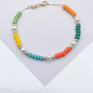 18k Gold Filled Colorful Bead And Pearl Bracelet, Stackable Color Bracelet,
