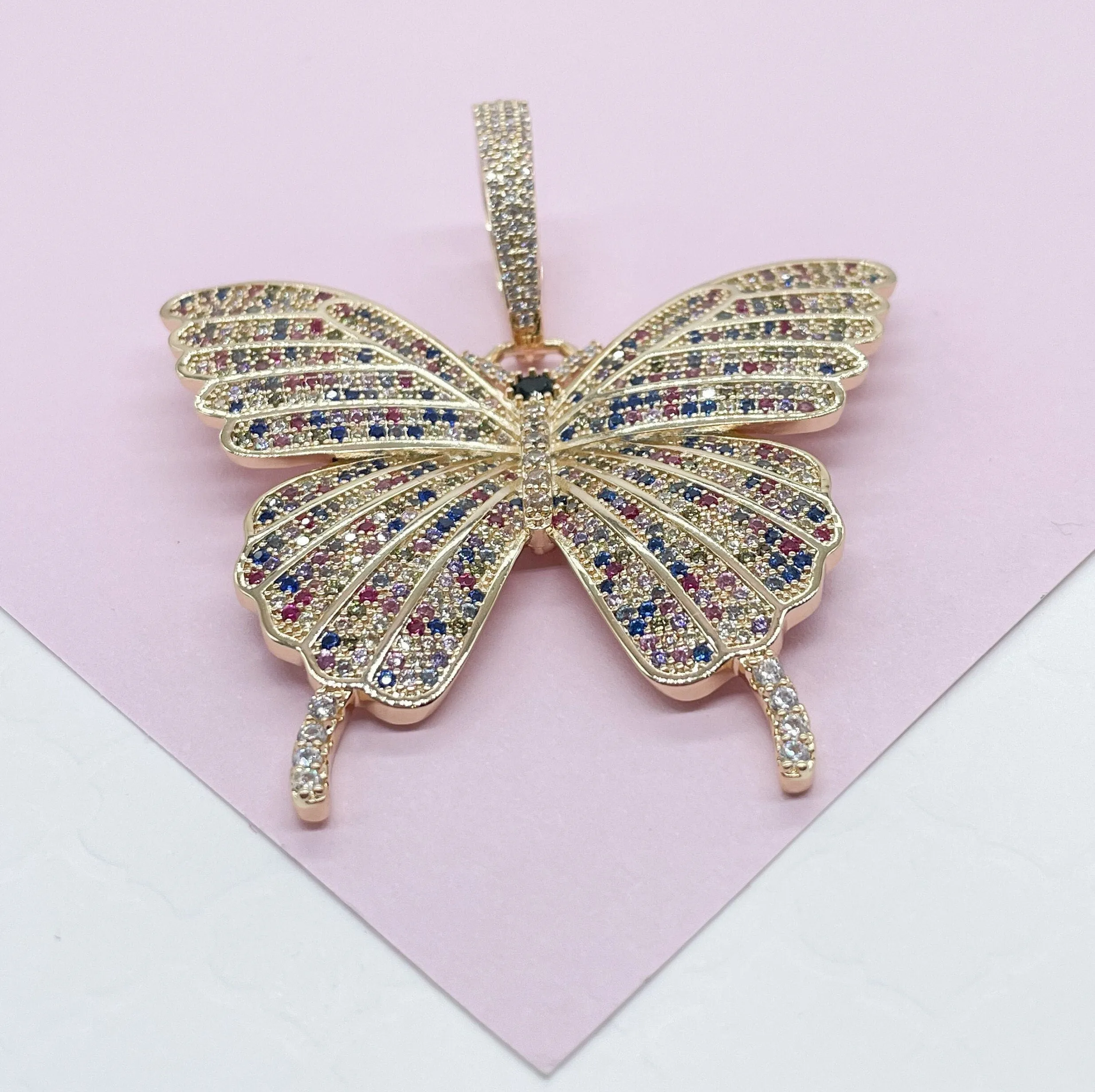 18k Gold Filled Colorful CZ Pave Extra-Large Butterfly Pendant