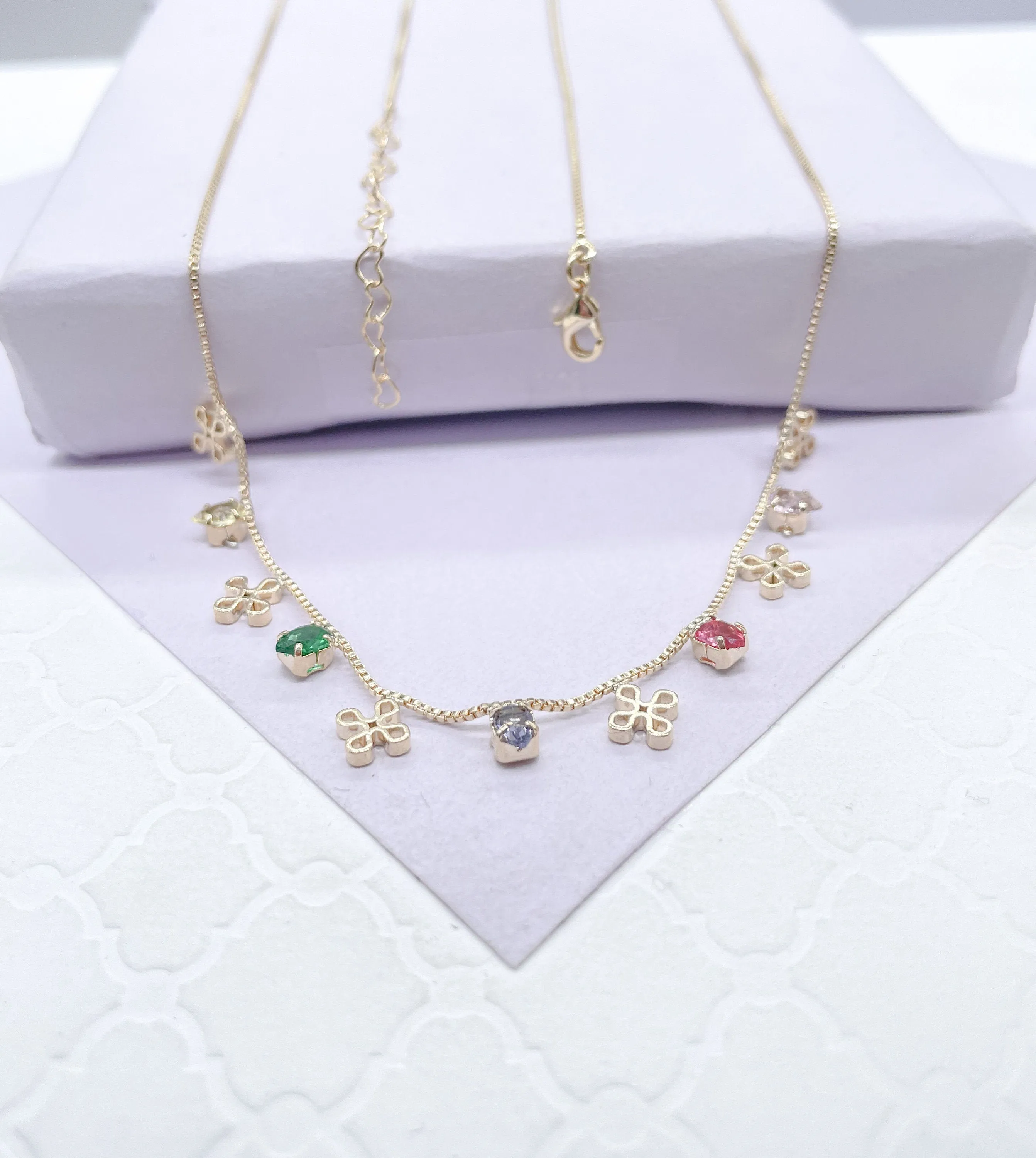 18k Gold Filled Dainty Box Chain Choker With Colorful CZ and Flower Charms