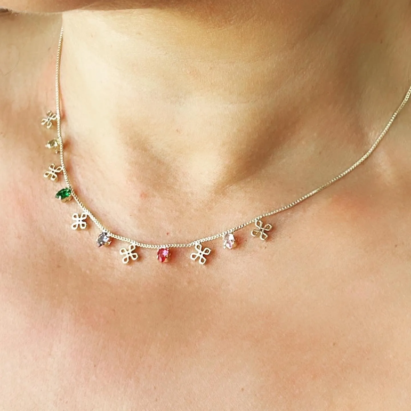 18k Gold Filled Dainty Box Chain Choker With Colorful CZ and Flower Charms