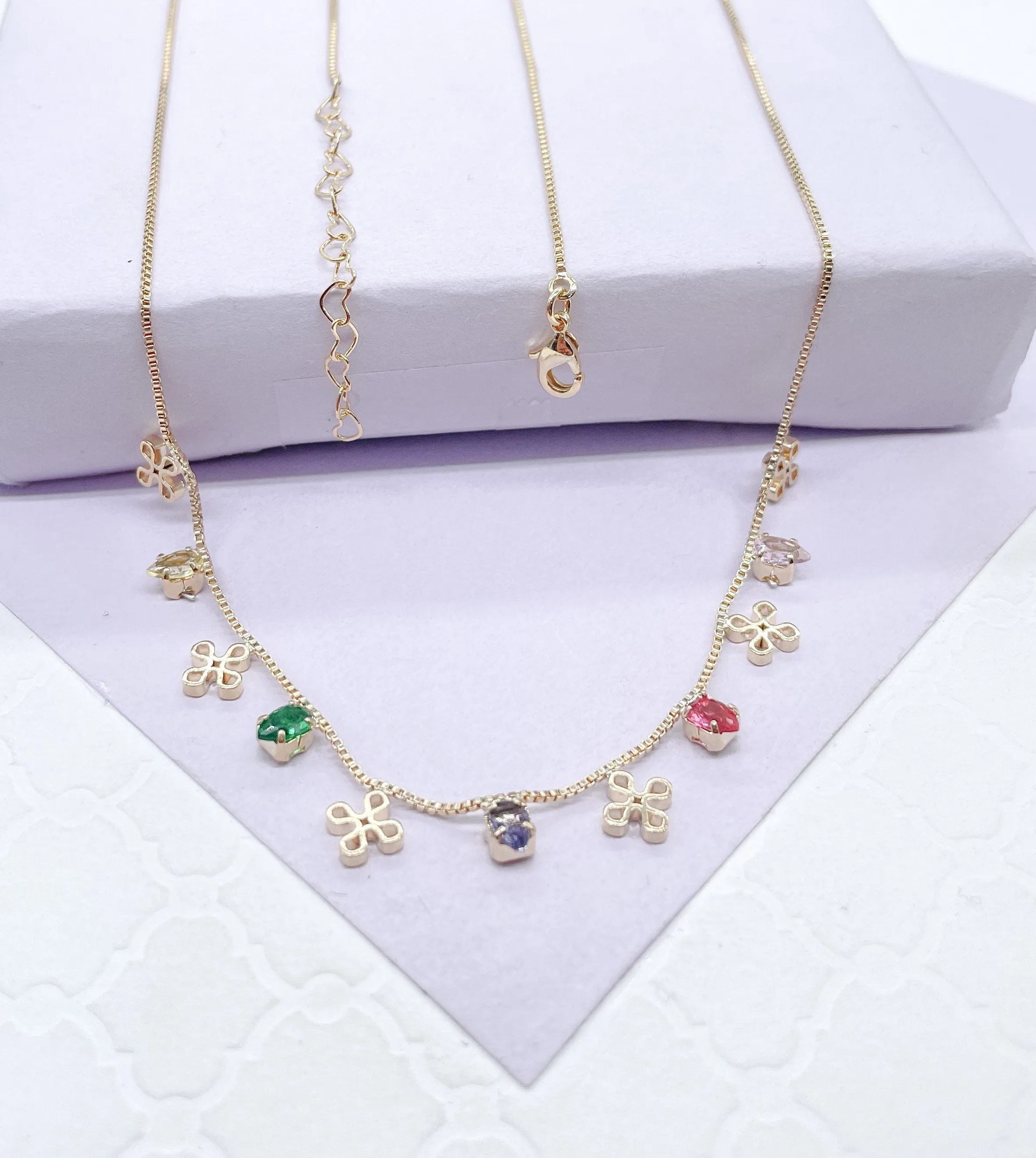 18k Gold Filled Dainty Box Chain Choker With Colorful CZ and Flower Charms