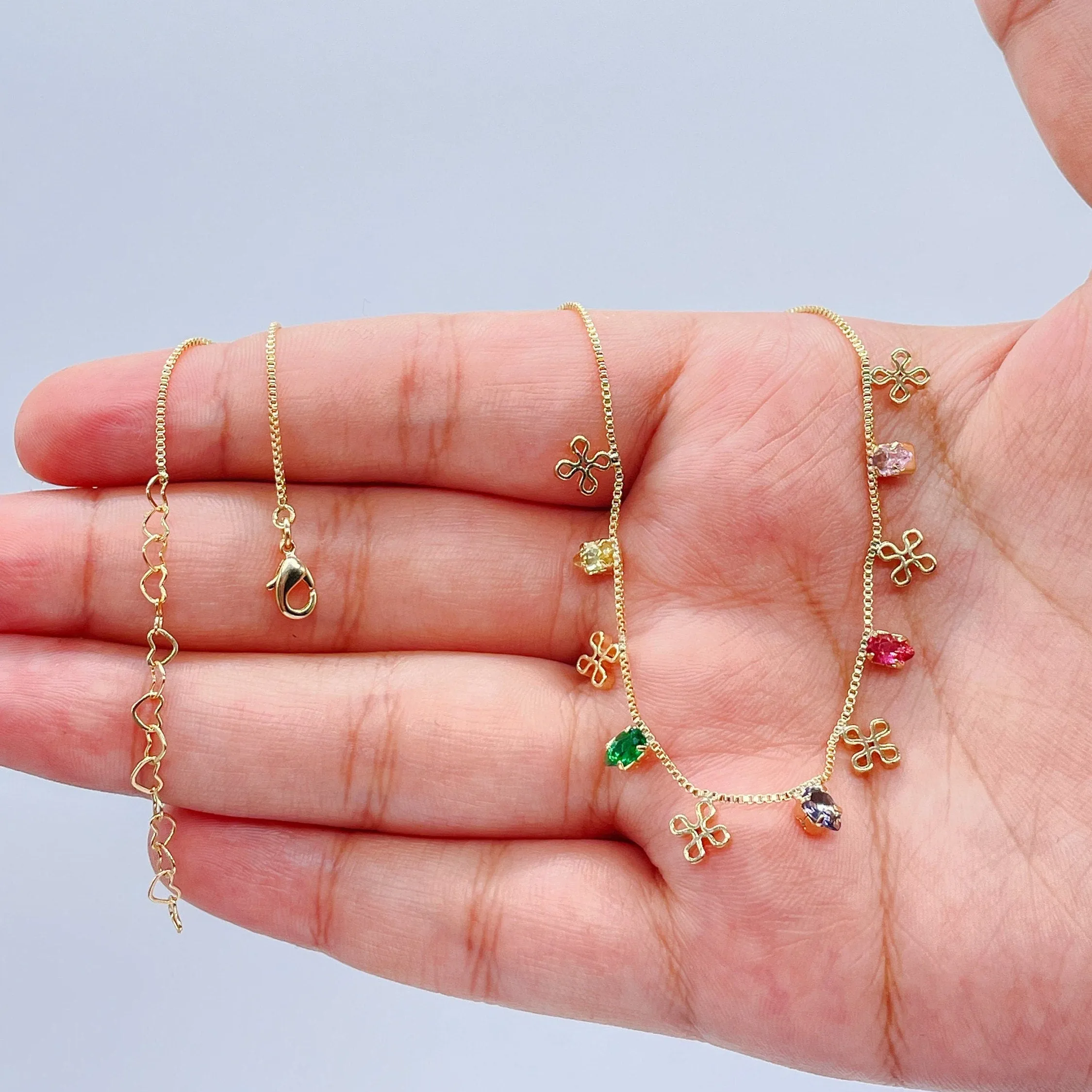 18k Gold Filled Dainty Box Chain Choker With Colorful CZ and Flower Charms