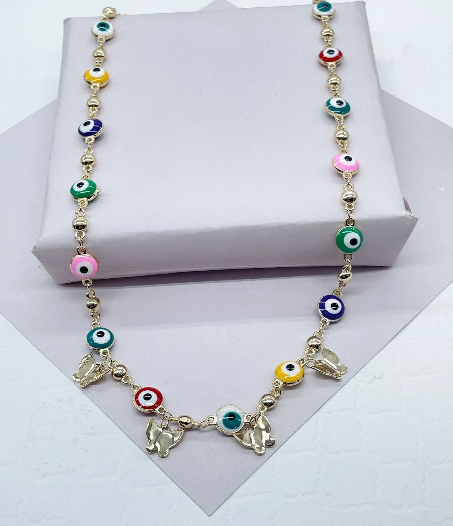 18k Gold Filled Evil Eye Beaded Necklace Detail Butterfly Gold Charm, Protection Necklace, Colorful, Blue & Red Available  Jewelry