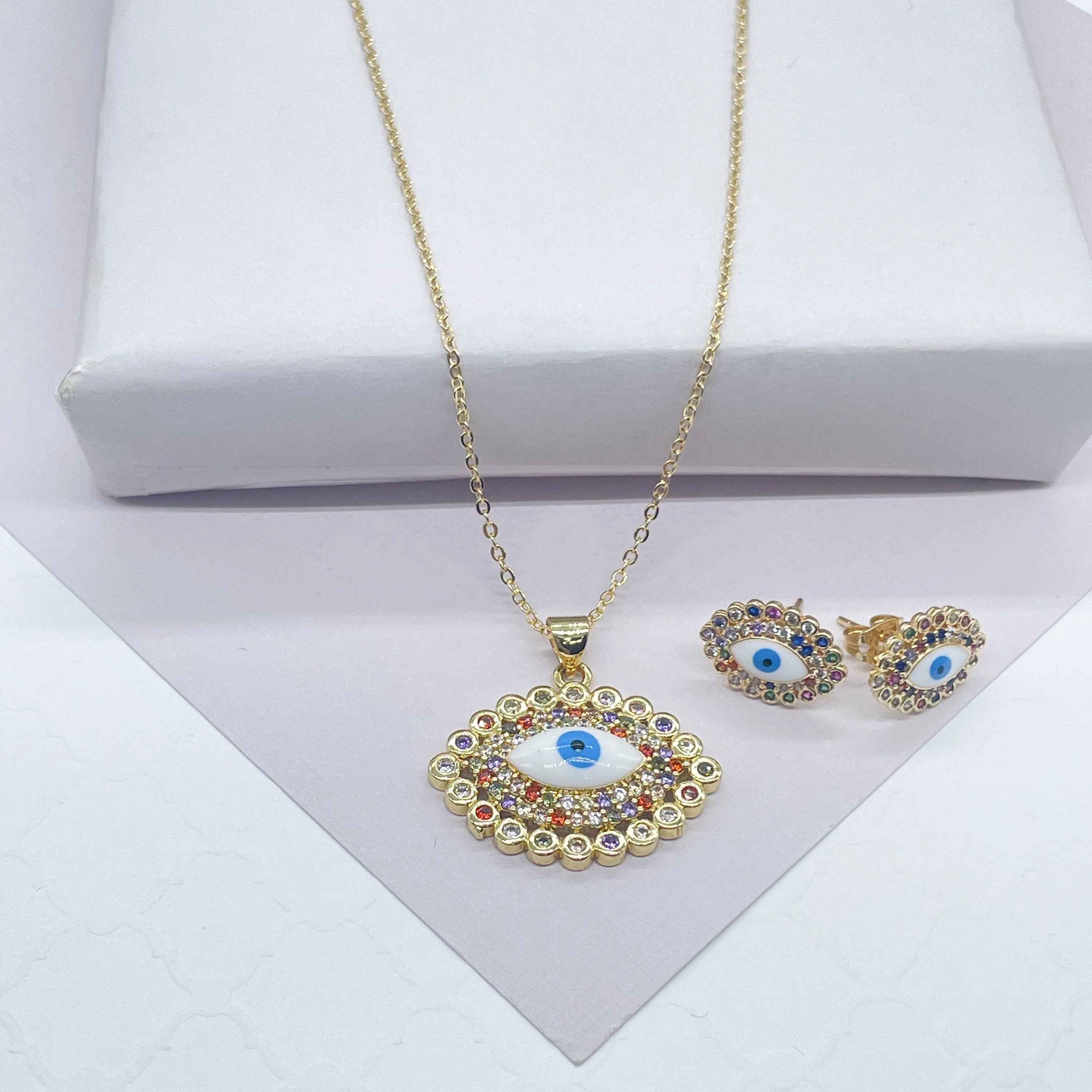 18k Gold Filled Protection Evil Eye Set, Includes Earrings & Necklace