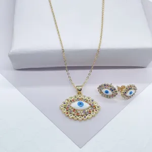18k Gold Filled Protection Evil Eye Set, Includes Earrings & Necklace