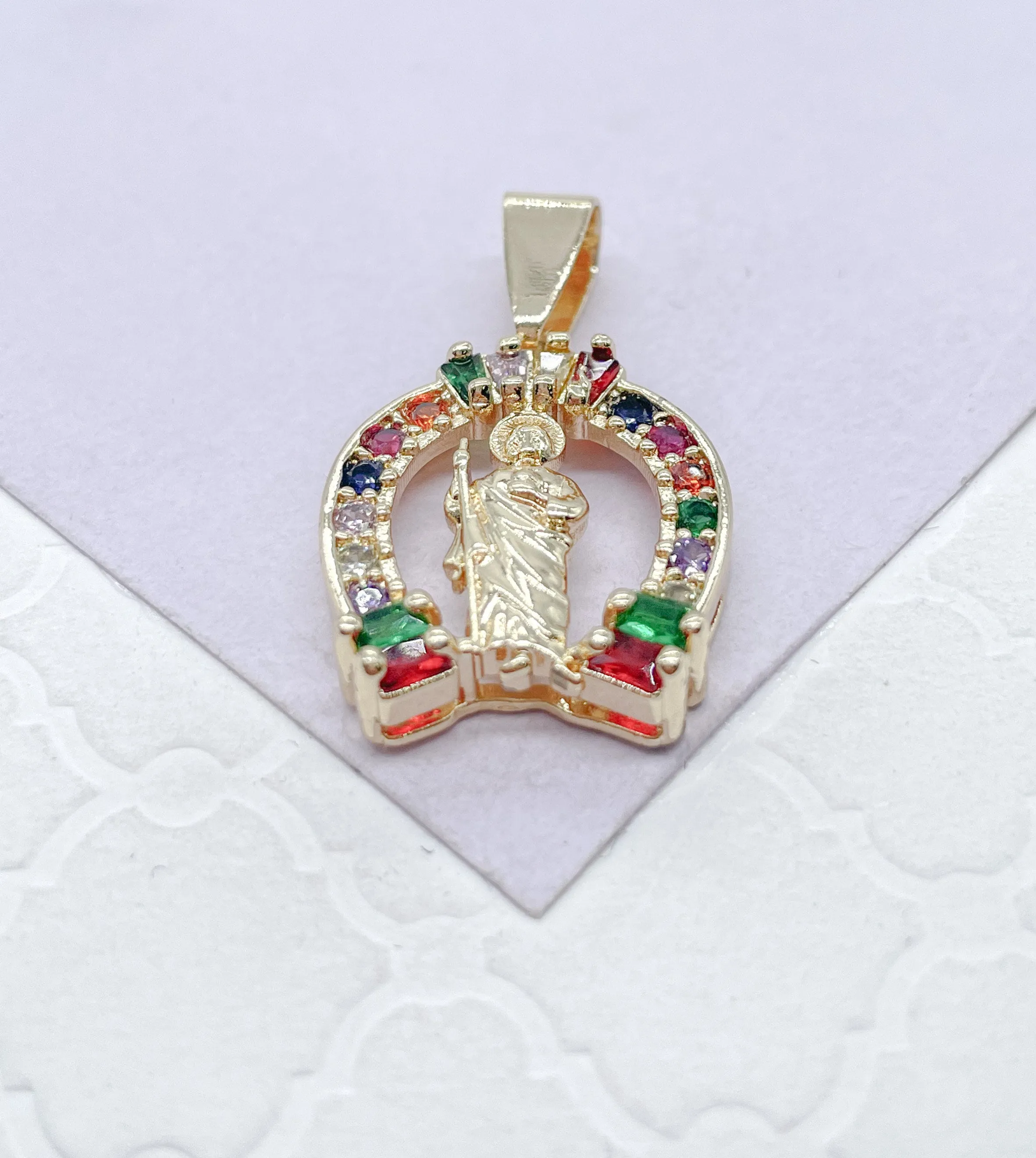 18k Gold Filled Saint Jude Charm Colorful Baguette and Round CZ Charm