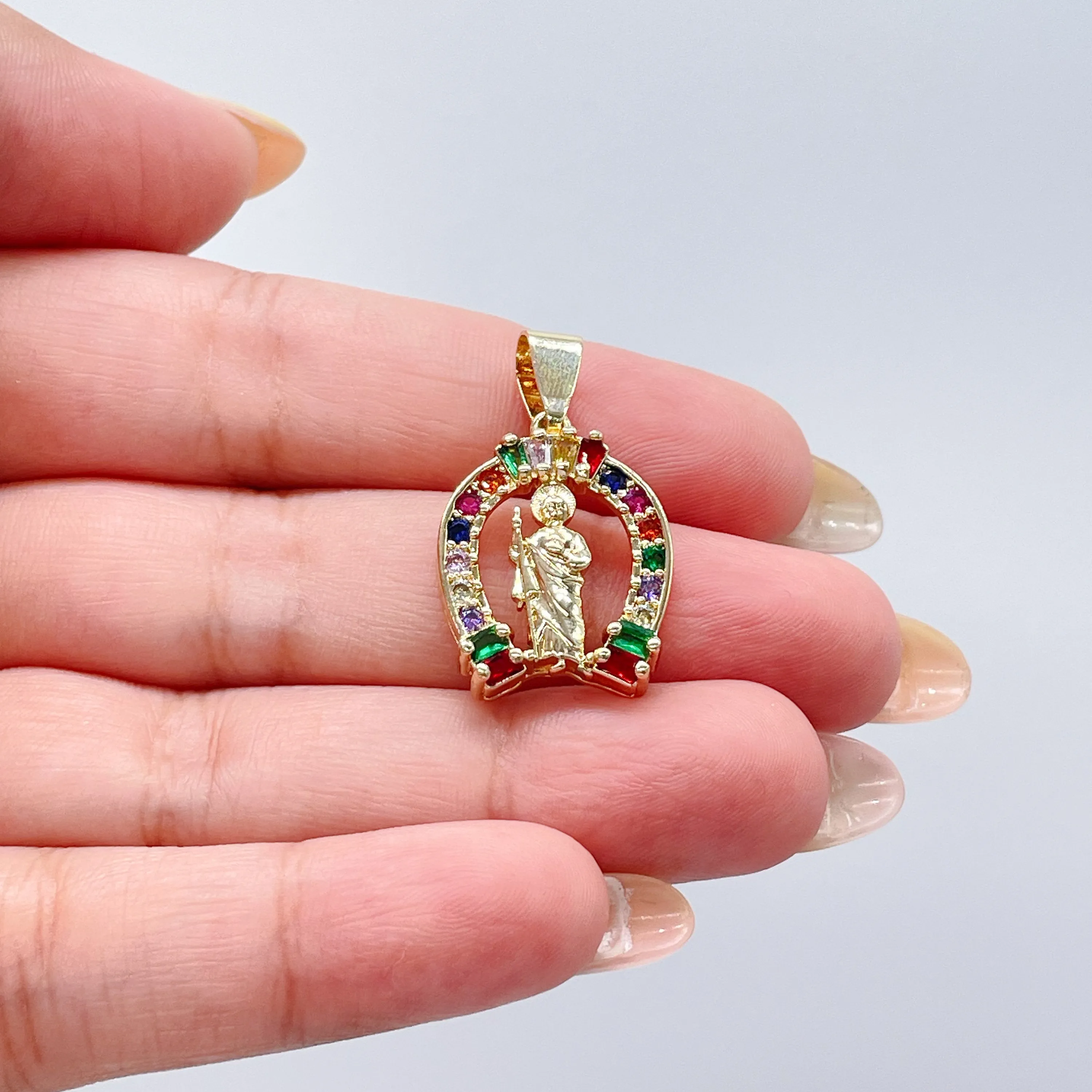 18k Gold Filled Saint Jude Charm Colorful Baguette and Round CZ Charm