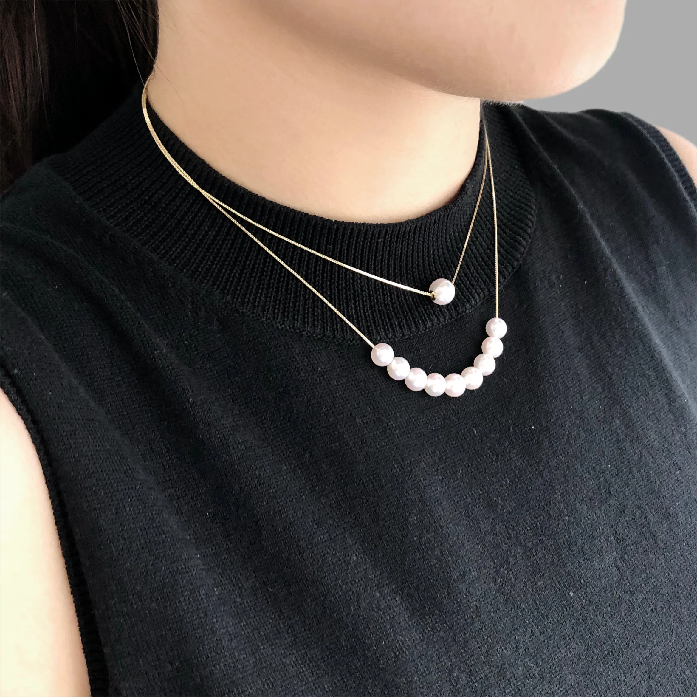 18K Real Gold   10 pieces 8mm Akoya Long & Short two way necklaces