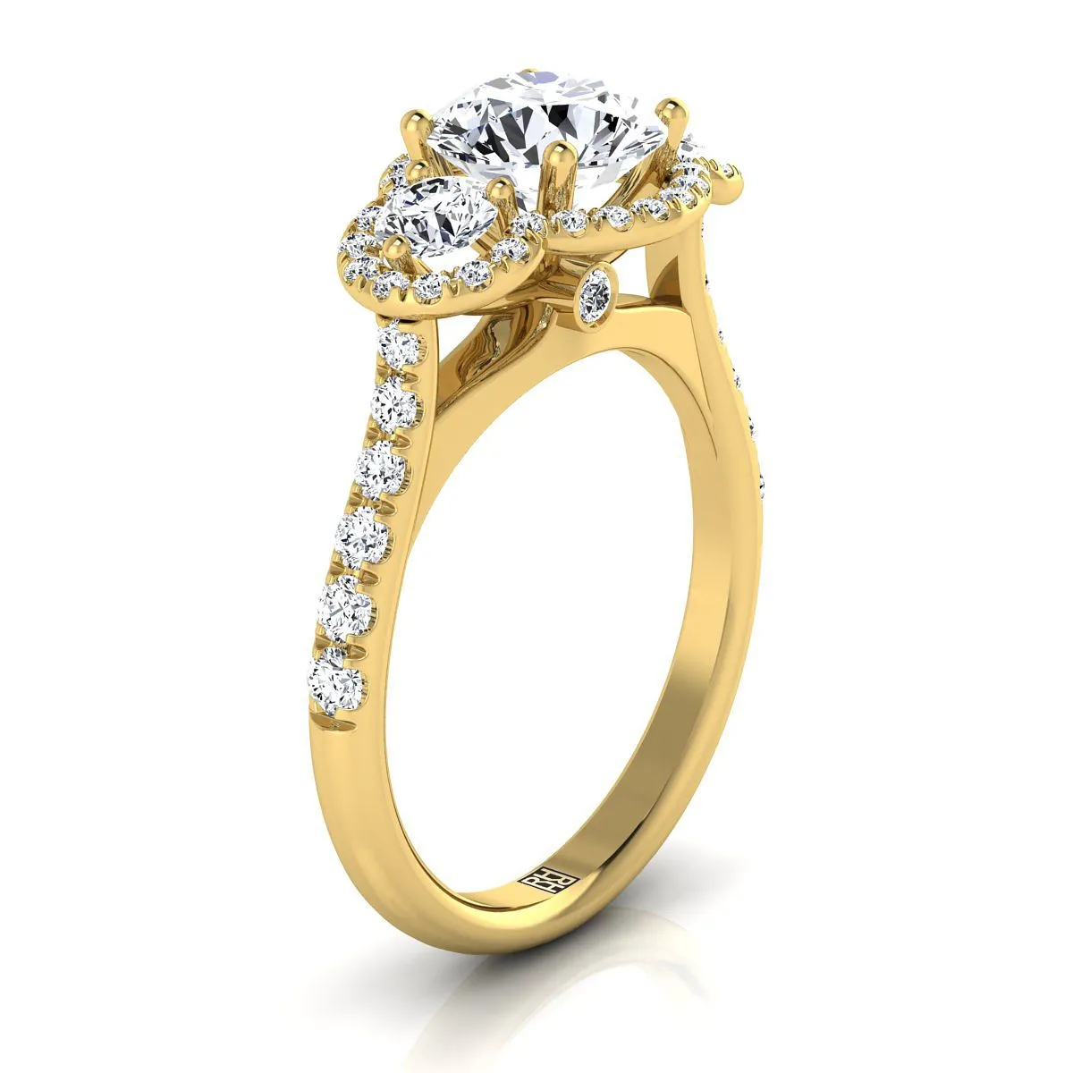 18K Yellow Gold Round Brilliant Diamond Timeless Three Stone Halo with French Engagement Ring -3/4ctw