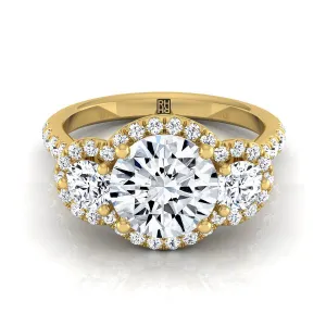 18K Yellow Gold Round Brilliant Diamond Timeless Three Stone Halo with French Engagement Ring -3/4ctw