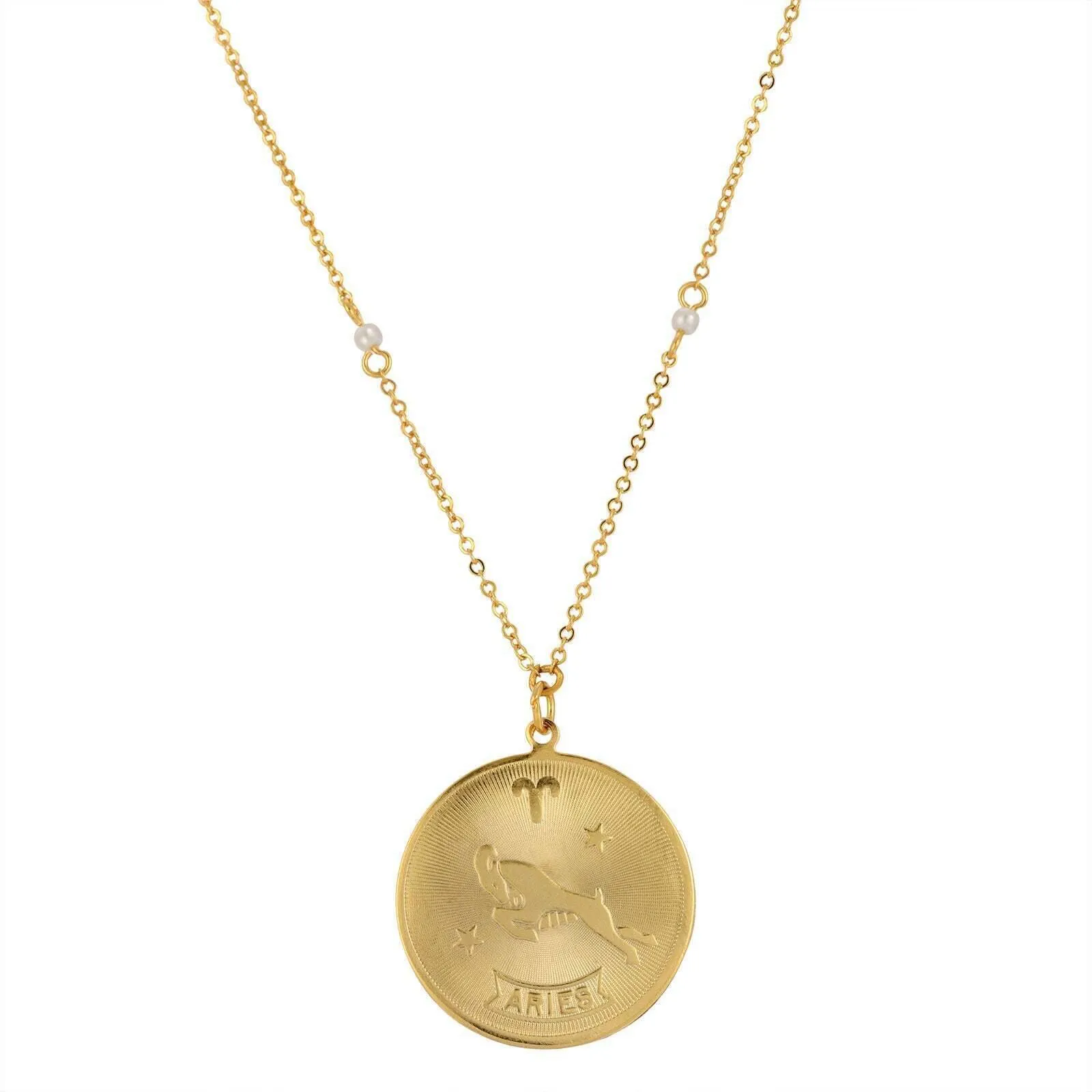 1928 Jewelry Round Zodiac Pendant Necklace With Faux Pearl Accents 20"