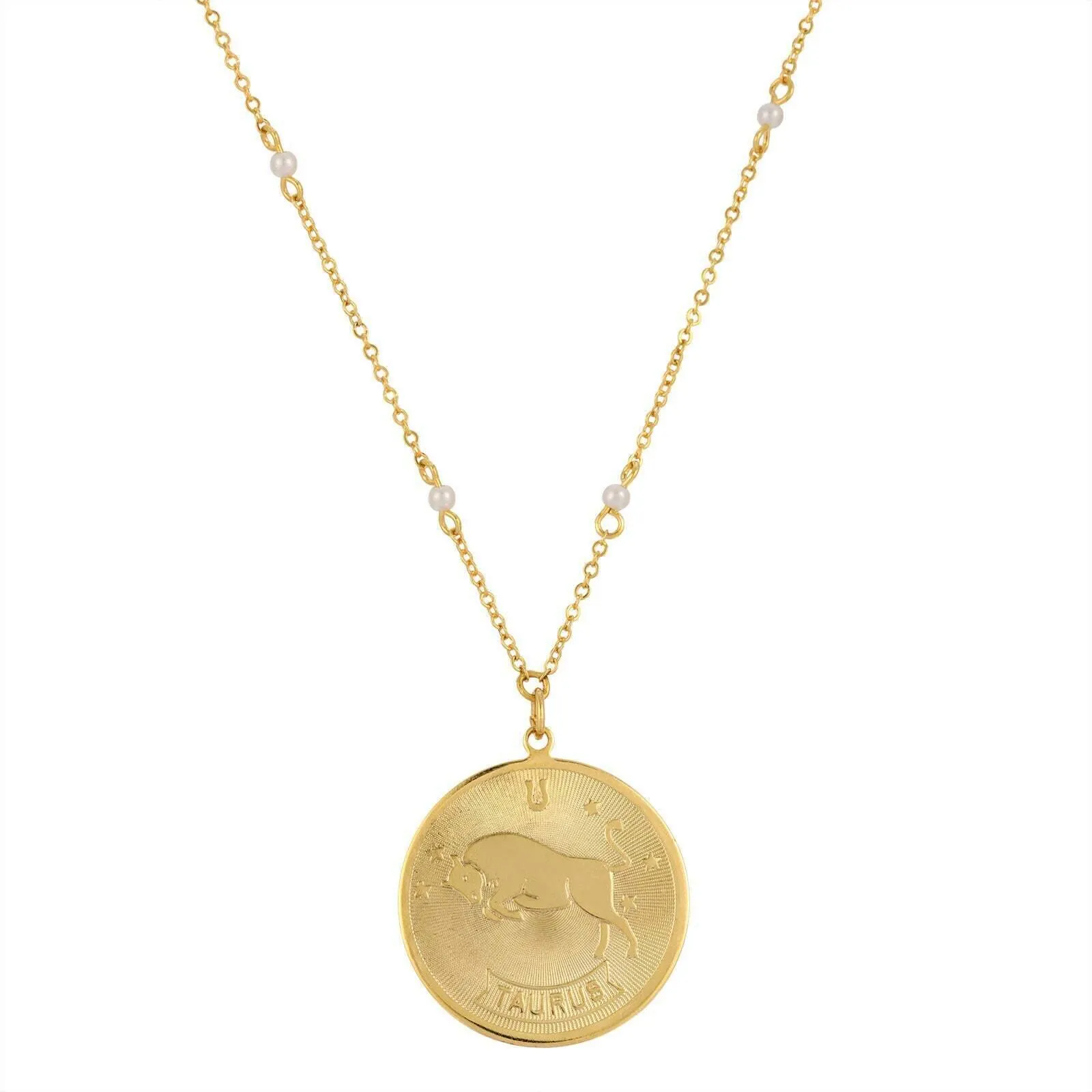 1928 Jewelry Round Zodiac Pendant Necklace With Faux Pearl Accents 20"