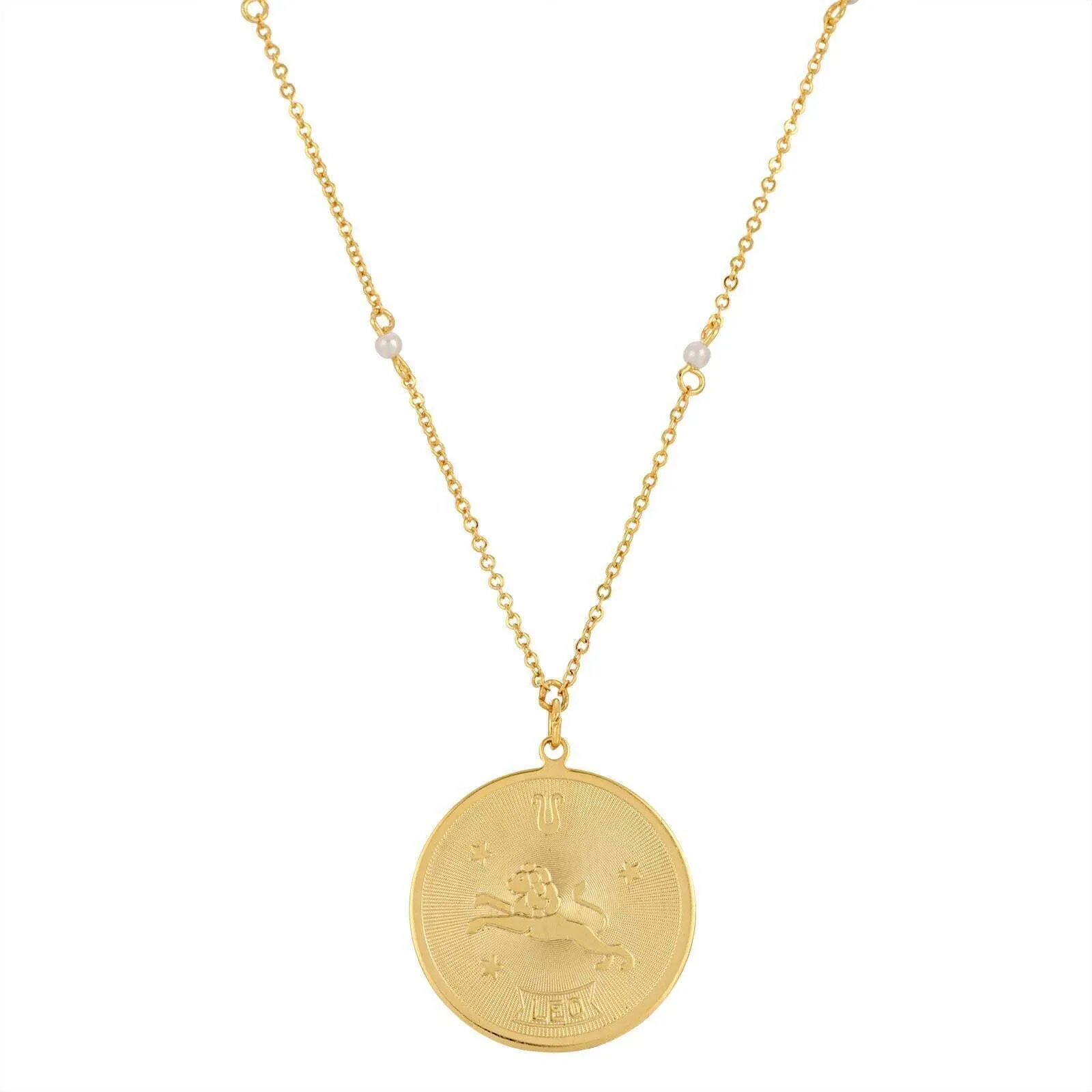 1928 Jewelry Round Zodiac Pendant Necklace With Faux Pearl Accents 20"