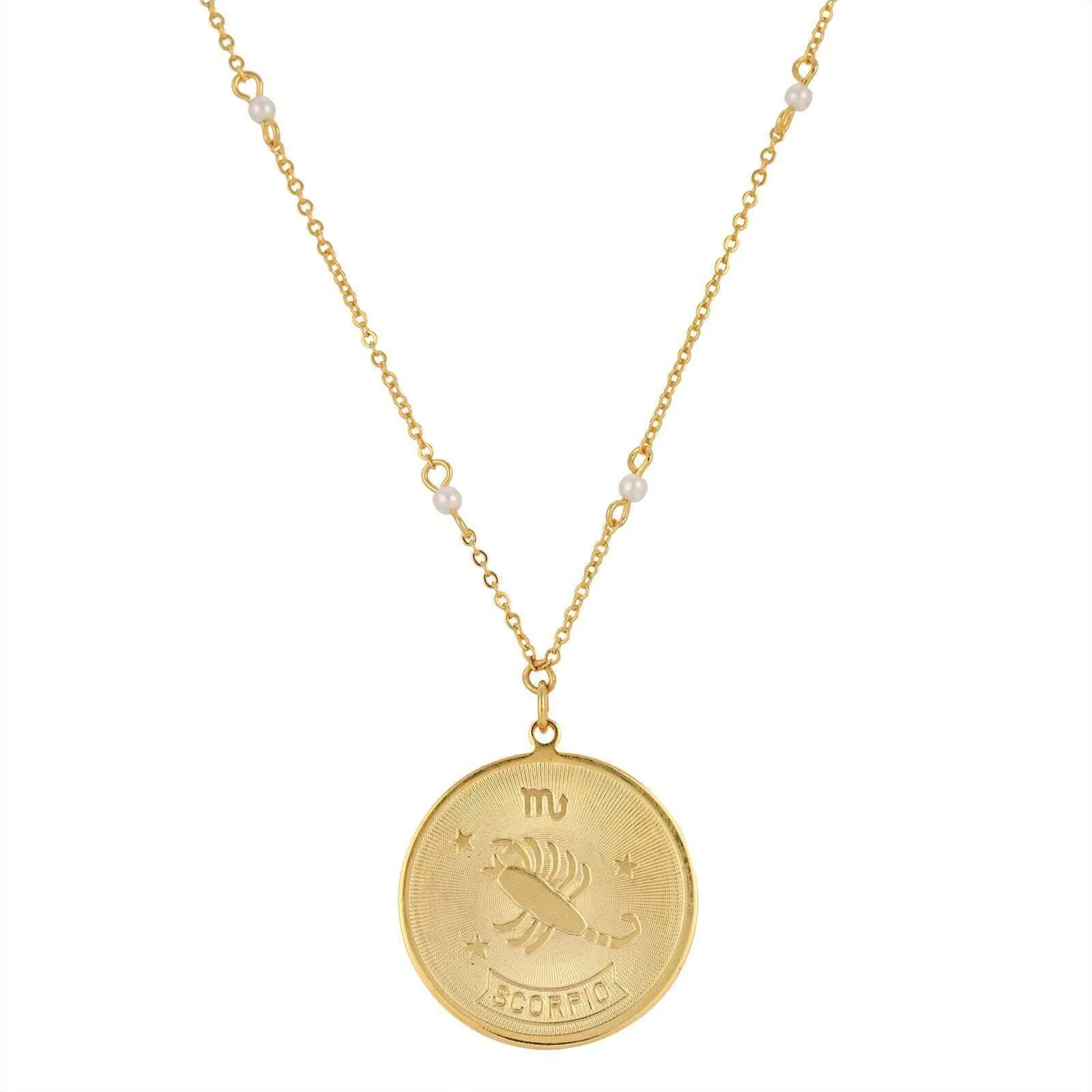1928 Jewelry Round Zodiac Pendant Necklace With Faux Pearl Accents 20"
