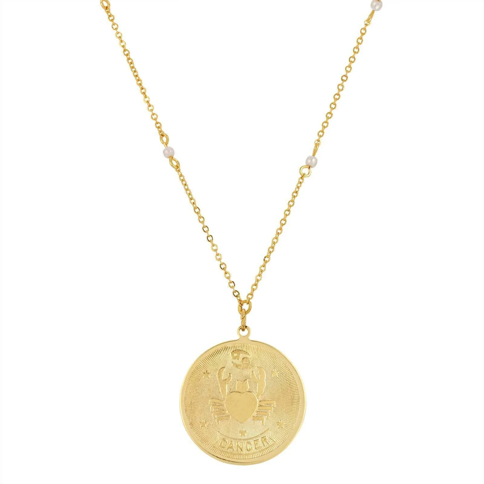 1928 Jewelry Round Zodiac Pendant Necklace With Faux Pearl Accents 20"