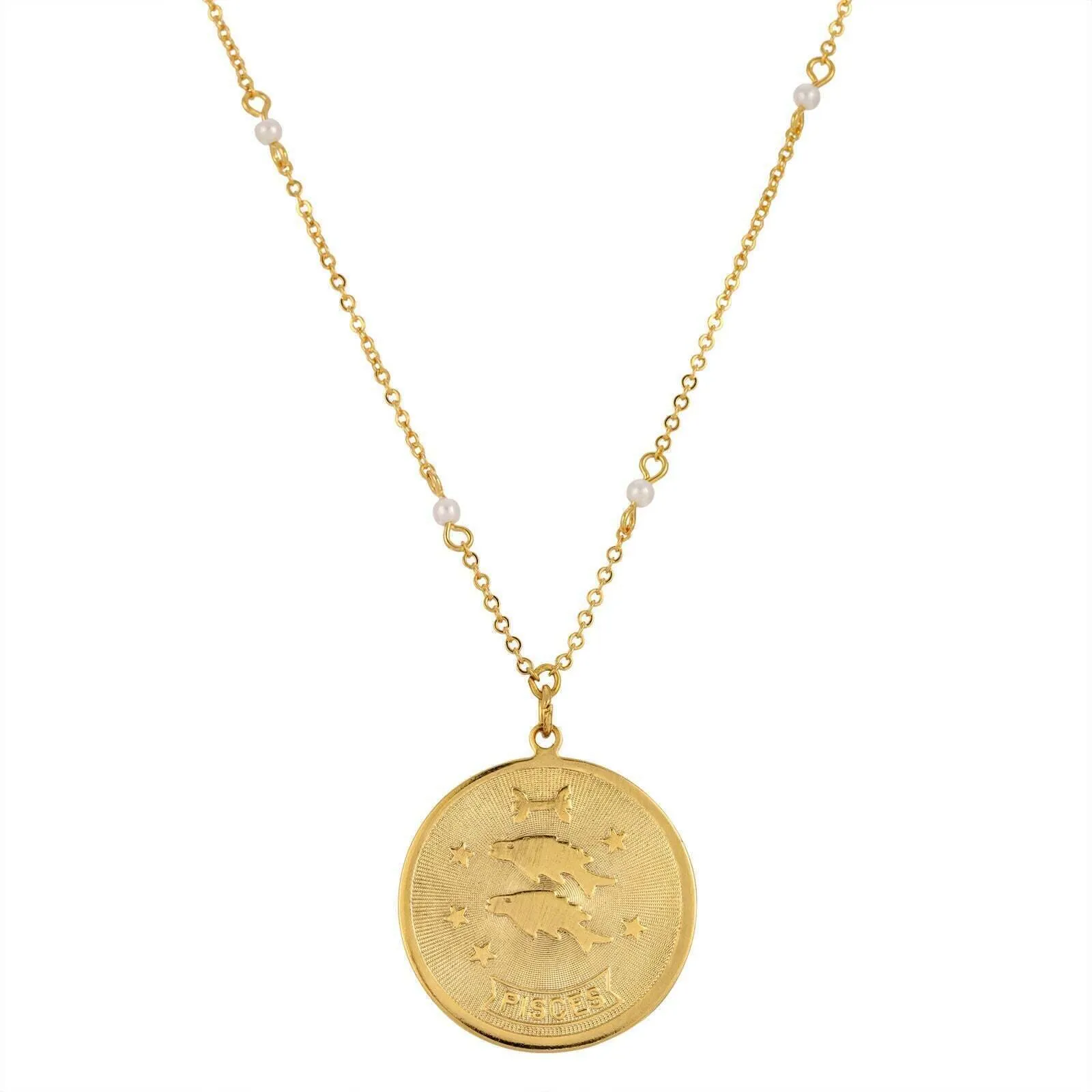 1928 Jewelry Round Zodiac Pendant Necklace With Faux Pearl Accents 20"