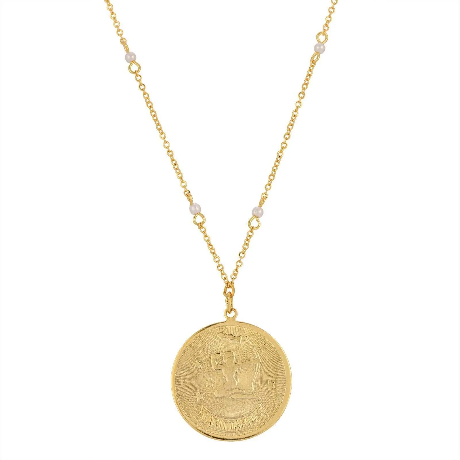 1928 Jewelry Round Zodiac Pendant Necklace With Faux Pearl Accents 20"