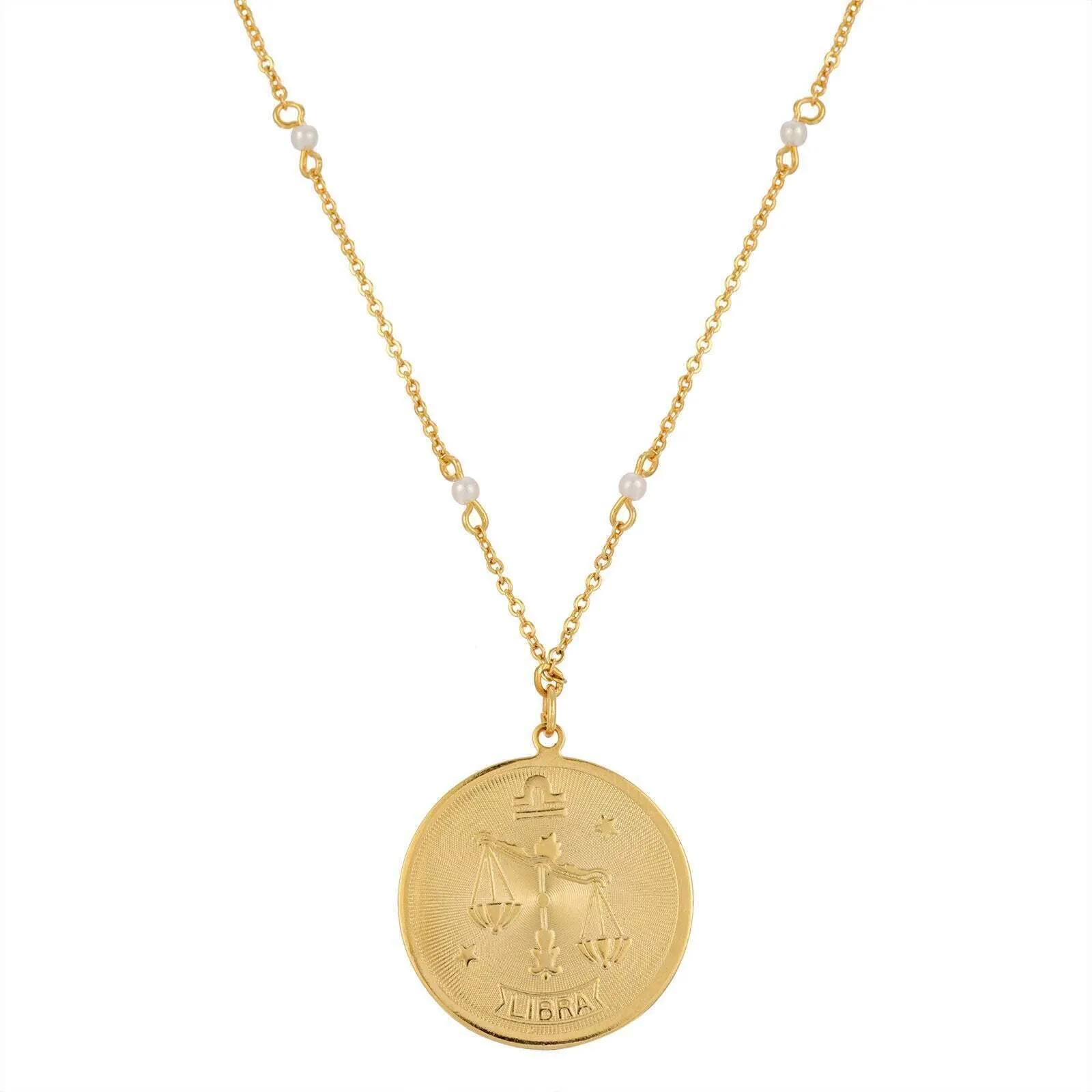 1928 Jewelry Round Zodiac Pendant Necklace With Faux Pearl Accents 20"