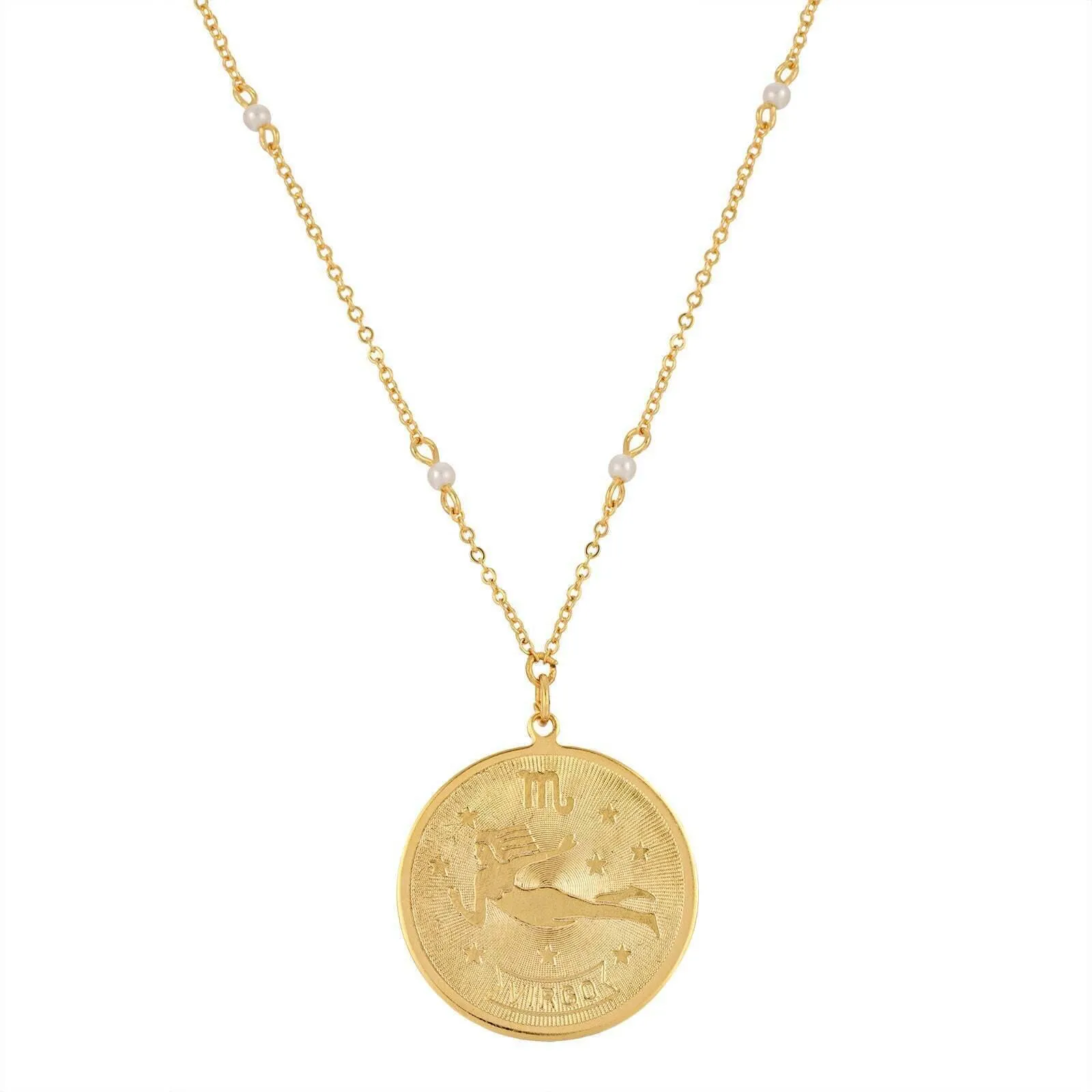 1928 Jewelry Round Zodiac Pendant Necklace With Faux Pearl Accents 20"
