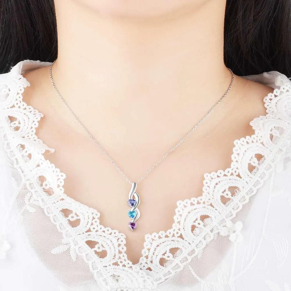 3 Heart Personalized 12 Birthstone Engrave Name Pendant Necklace 925 Sterling Silver Jewellery
