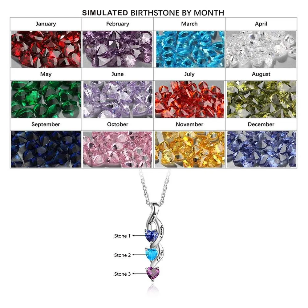 3 Heart Personalized 12 Birthstone Engrave Name Pendant Necklace 925 Sterling Silver Jewellery