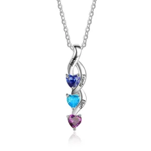 3 Heart Personalized 12 Birthstone Engrave Name Pendant Necklace 925 Sterling Silver Jewellery