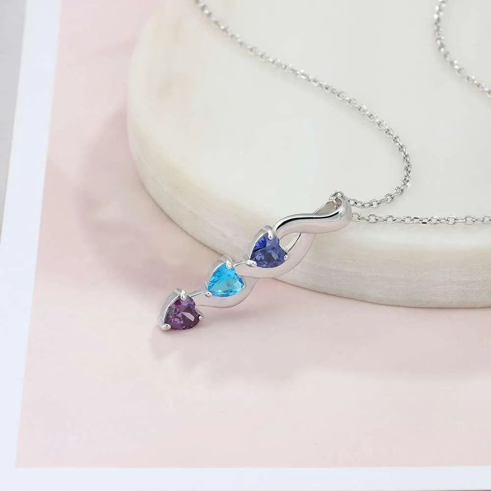 3 Heart Personalized 12 Birthstone Engrave Name Pendant Necklace 925 Sterling Silver Jewellery