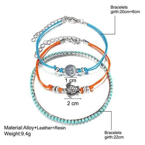 3 Pcs/set Turtle Rune Charm Multilayer Anklets Bracelets