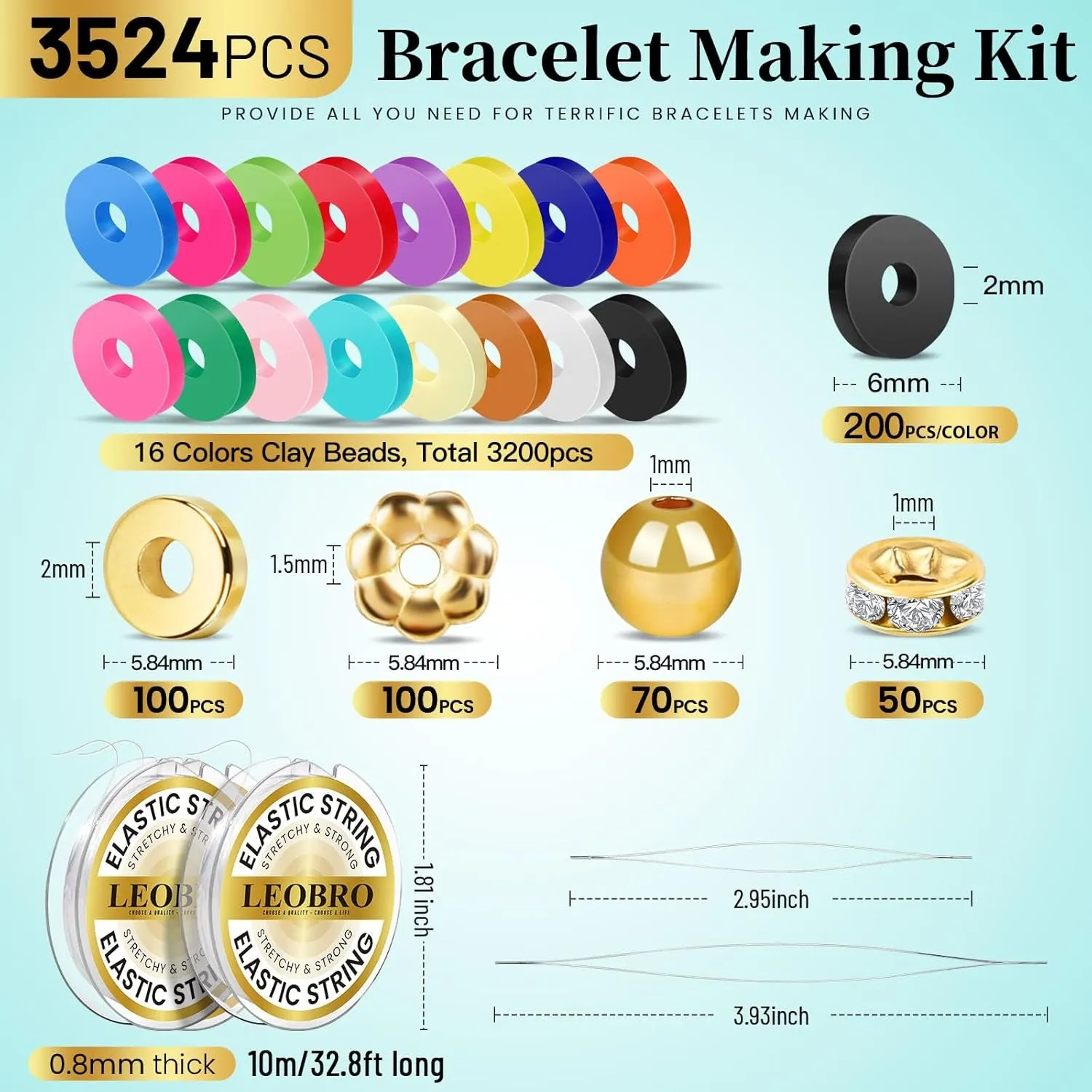 3524Pcs Clay Beads Bracelet Kit, 16 Colors Clay Beads Bracelet Making Kit, Friendship Bracelets Bead Bracelet Kit, Clay Beads for Bracelets, Clay Bead Set, Polymer Clay Beads Flat Beads Kit
