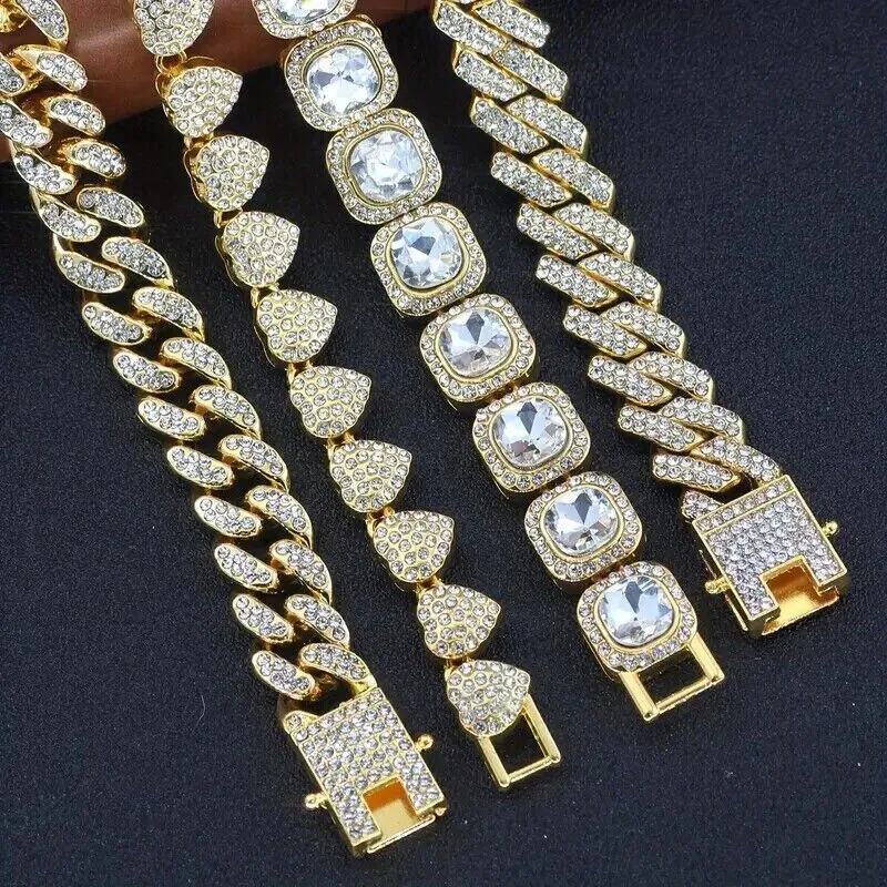 4 Pcs 14K Gold Plated Iced CZ Bling Tennis Heart Cuban Link Men Women Bracelets