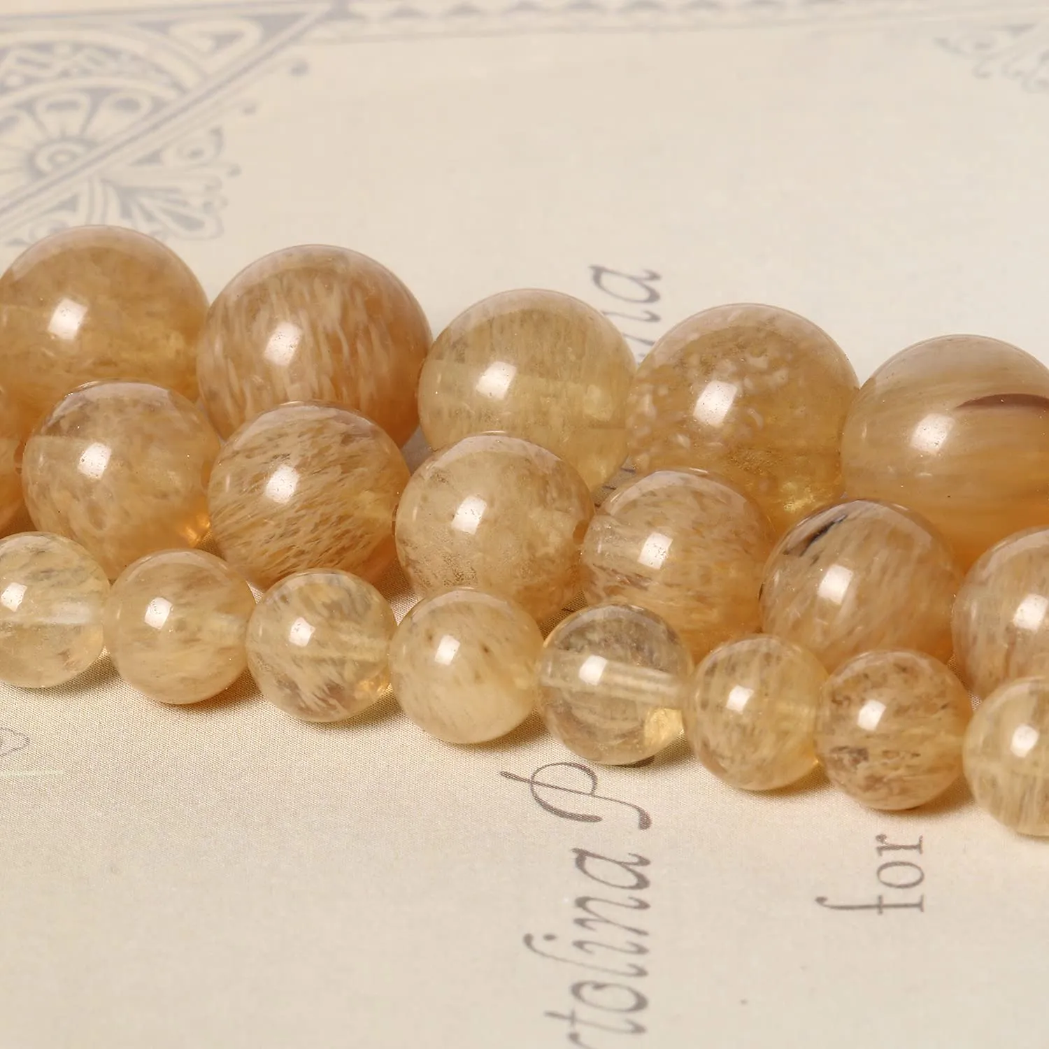 45pcs 8mm Natural Stone Beads Gold Rutilated Quartz Beads Energy Crystal Healing Power Gemstone for Jewelry Making, DIY Bracelet Necklace