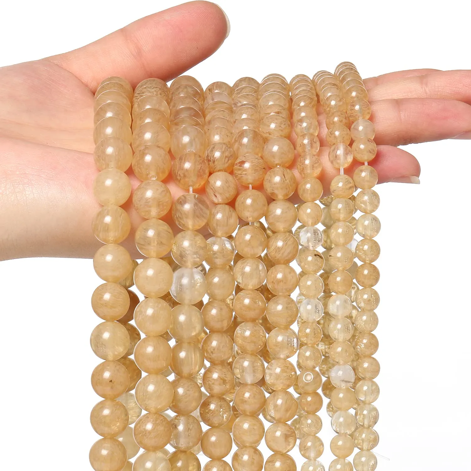 45pcs 8mm Natural Stone Beads Gold Rutilated Quartz Beads Energy Crystal Healing Power Gemstone for Jewelry Making, DIY Bracelet Necklace