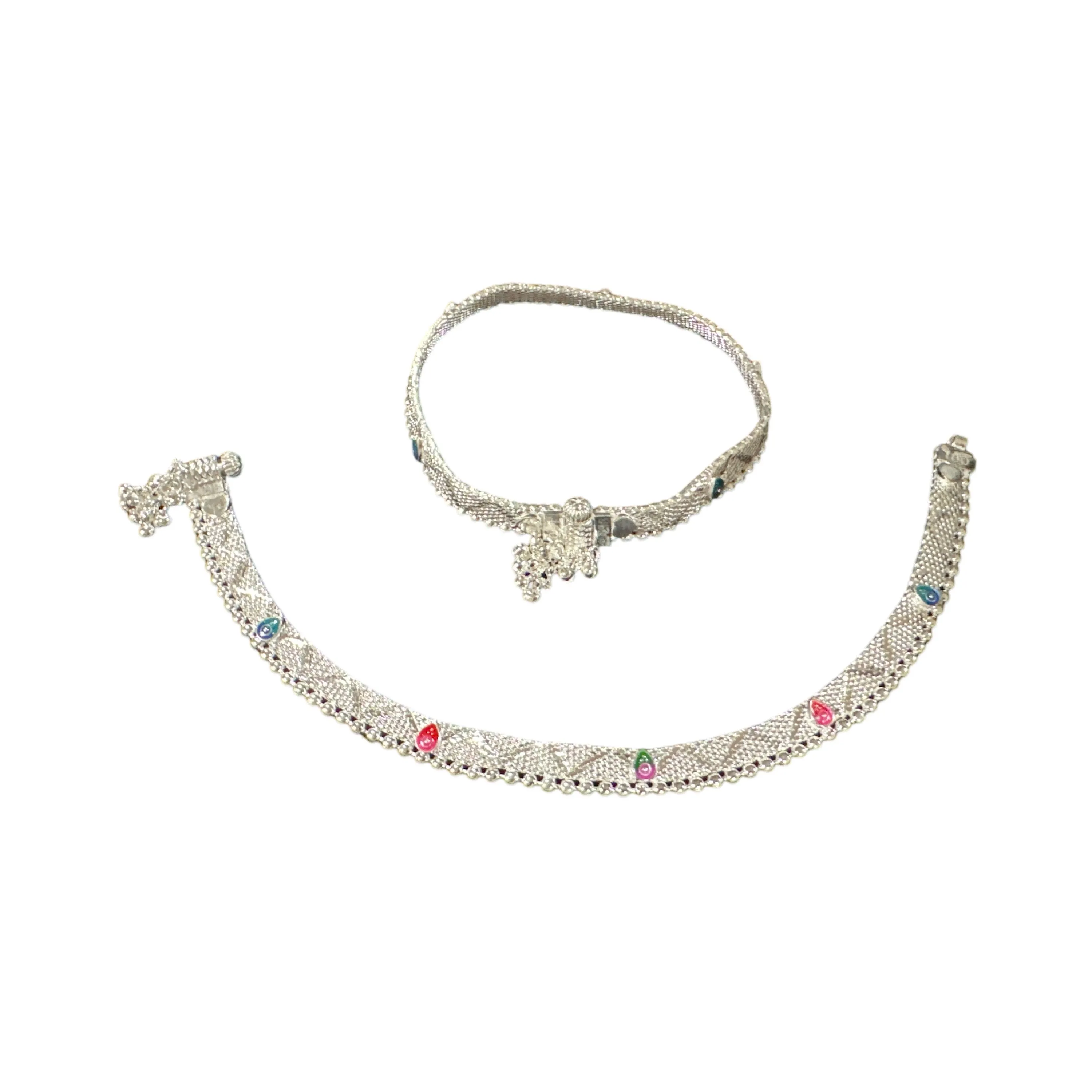 800 Silver Rajwada Hallmarked Pajeb Anklet with Meena - Style #06