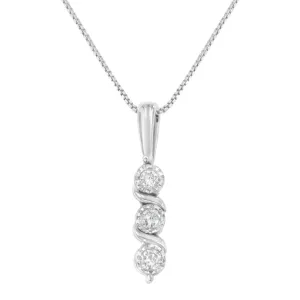 .925 Sterling Silver 1/10 cttw Miracle-Set Round Cut Diamond Three Stone Drop Pendant 18" Necklace (H-I color, I1-I2 clarity)